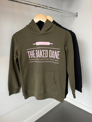 The Baked Dane Youth size Hoodie Army with Pink logo