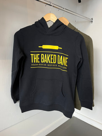 The Baked Dane Youth size Hoodie Navy with Yellow logo